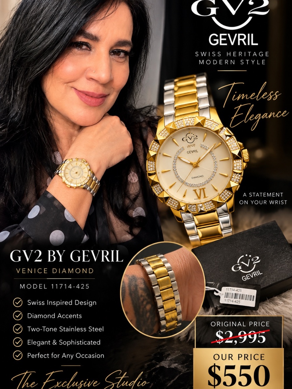EVRI GV2 Two-Tone Gold & Silver Women's Watch with Diamond Accents